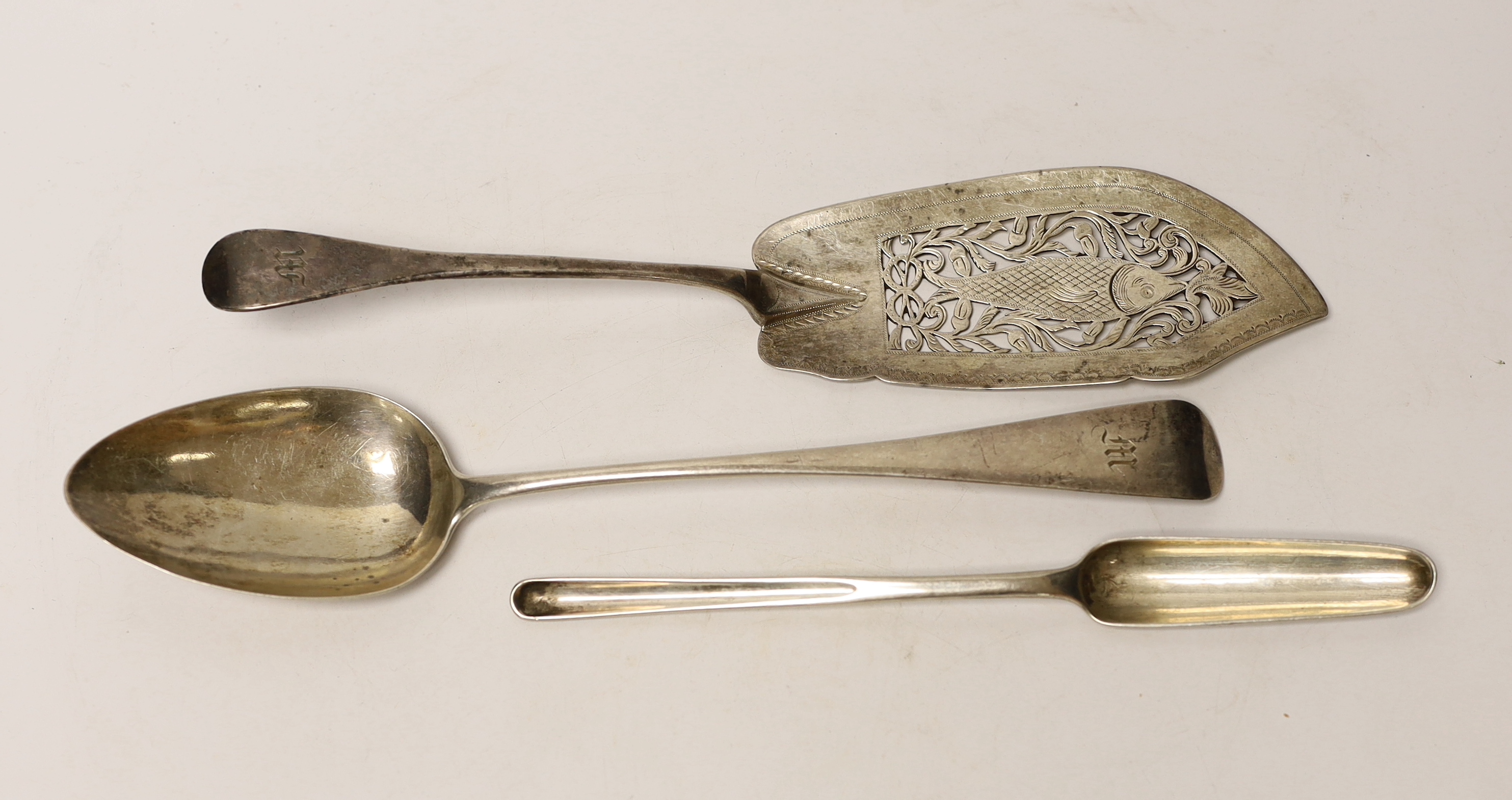 A George III silver marrow scoop, London, 1812, 22.7cm, a Victorian silver Old English pattern fish slice, London, 1838 and a George III silver basting spoon, London, 1811.